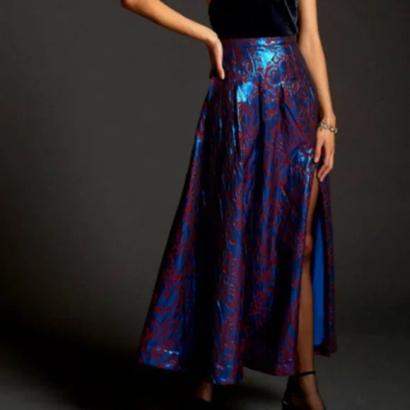 Anthropologie Maeve 4 NWT Pleated Shimmer Maxi Skirt Cocktail Metallic Blue - Picture 1 of 10